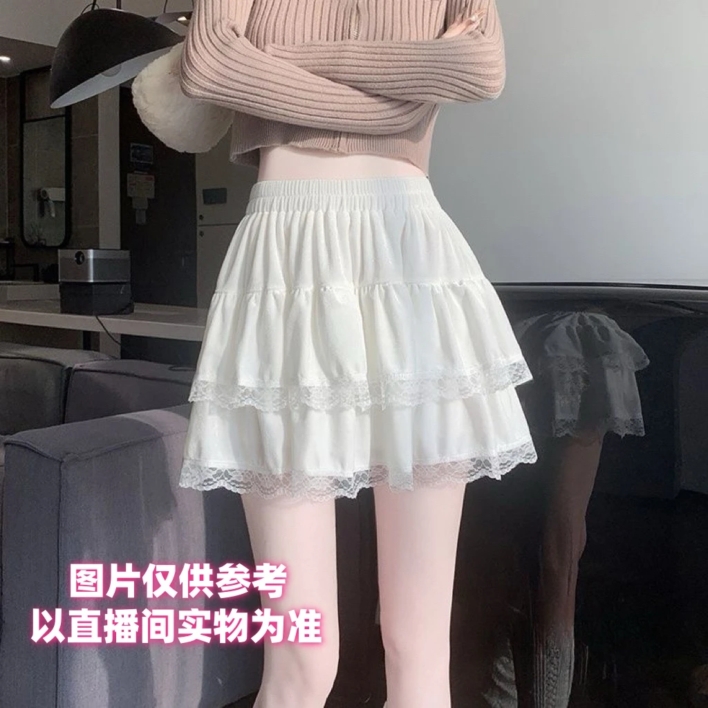 溪溪*不规则蛋糕蕾丝边短裙松紧腰防走光减龄显瘦百搭