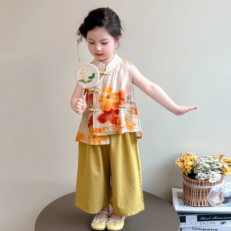 汉服女童国风套装夏季2025新款儿童古装宝宝中式背心阔腿裤两件套