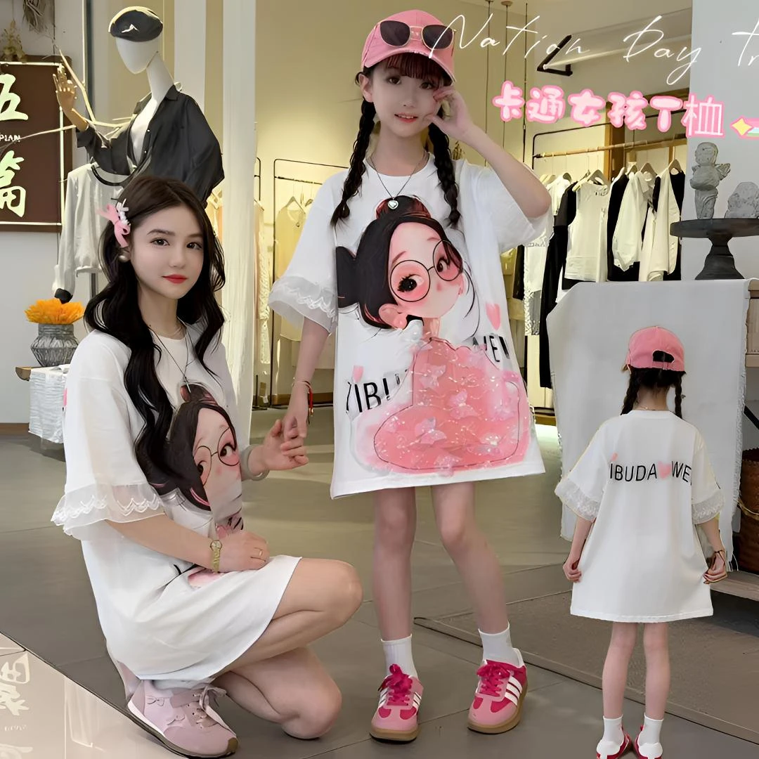 女童蕾丝短袖大T恤夏日新款百搭中大童卡通宽松中长款甜美风T恤