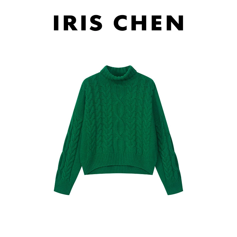 现货IRIS CHEN 幽兰 冬新款100绵羊毛510g麻花高领针织衫24SY663