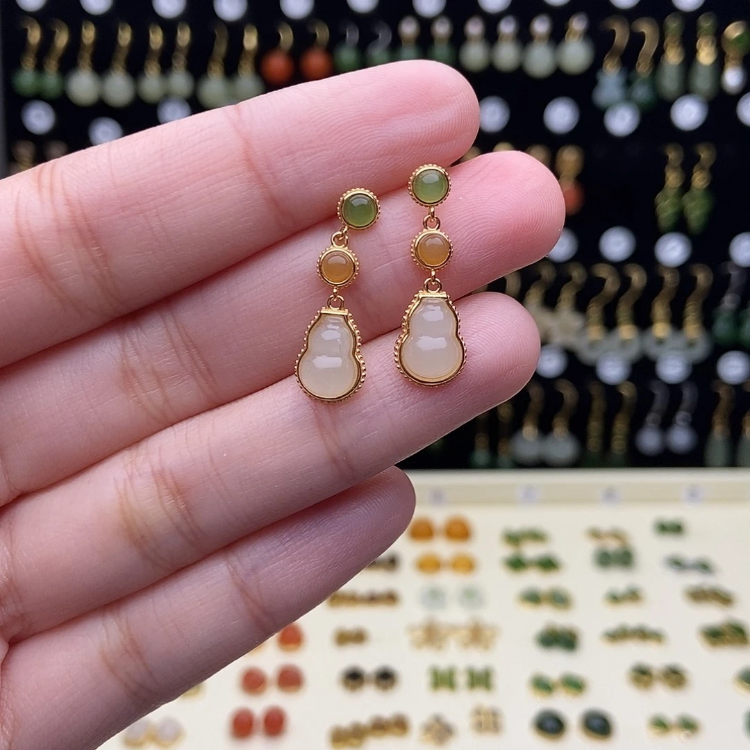 和田玉银S925镀金镶嵌耳饰