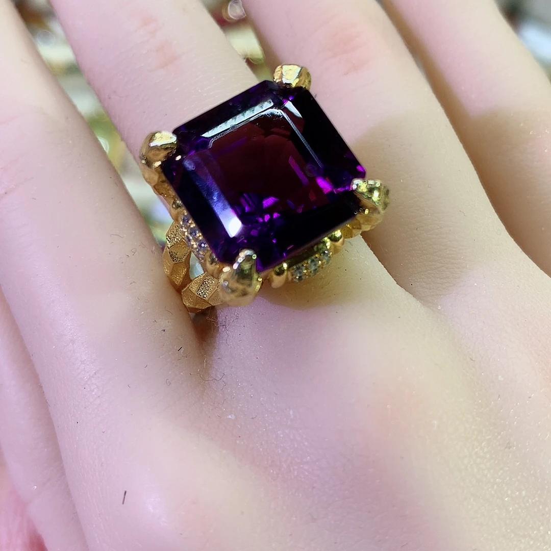 紫晶戒指银S925镀金镶嵌