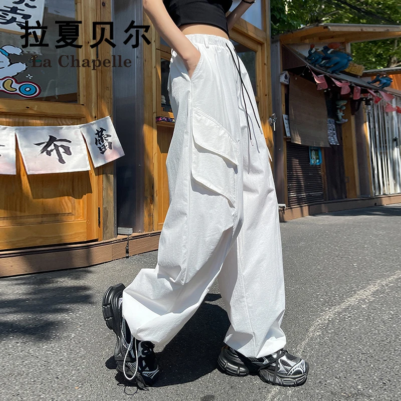 拉夏贝尔白色速干工装裤女爆款2025新款宽松直筒休闲运动裤阔腿裤