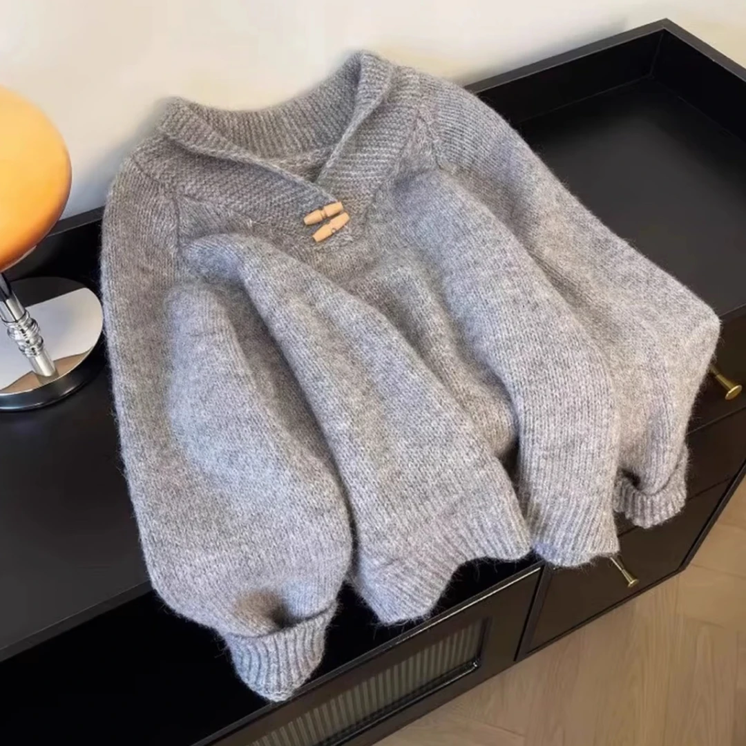 牛角扣毛衣针织秋冬秋季温柔风翻领毛针织衫女装