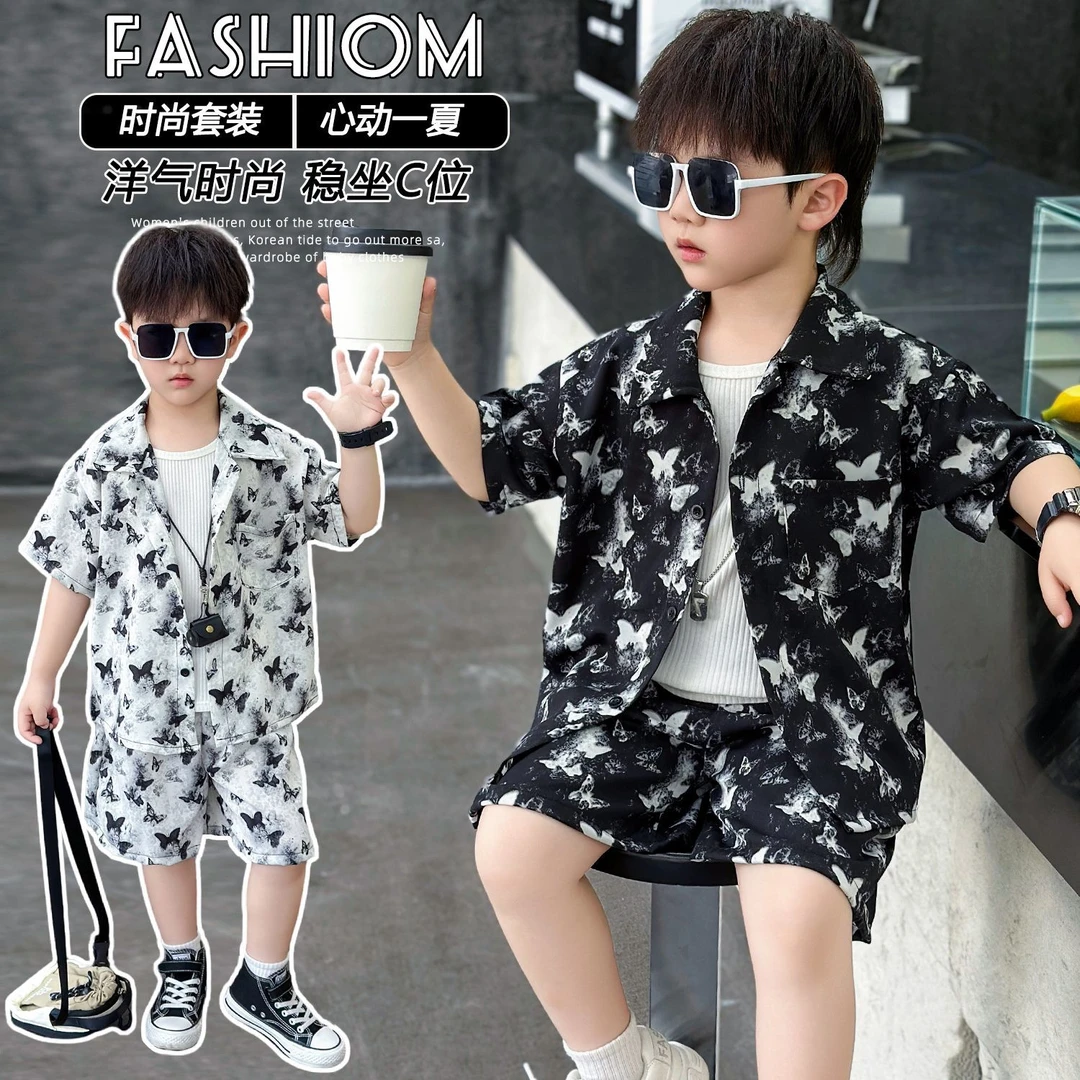 男童夏季衬衫短袖套装25新款宝宝网红潮牌衣服儿童酷帅炸街两件套