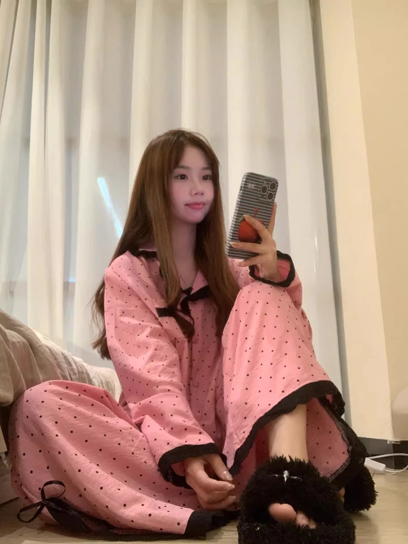 甜美少女蕾丝花边拼接波点睡衣女春秋季新款家居服大码俩件套