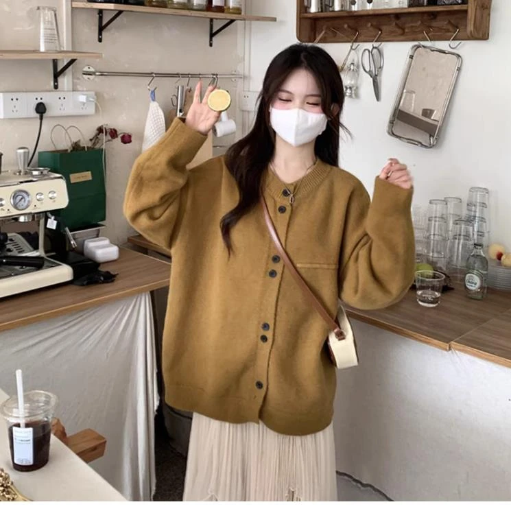 秋冬大码女装大板型灰色软糯针织开衫慵懒风宽松小众毛衣