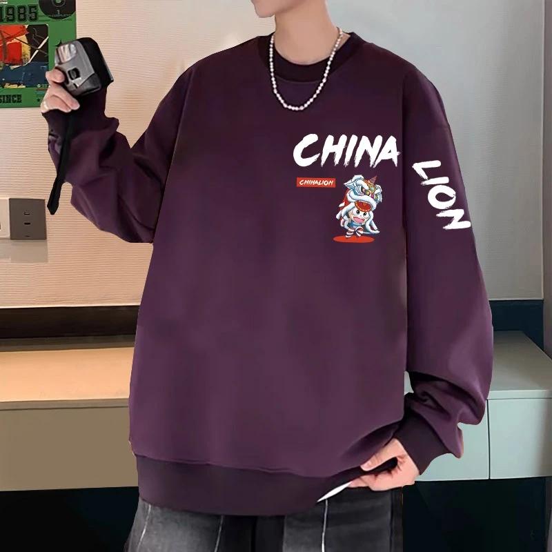 国风男装卫衣春秋季薄款打底衫潮牌美式休闲宽松圆领套头长袖上衣