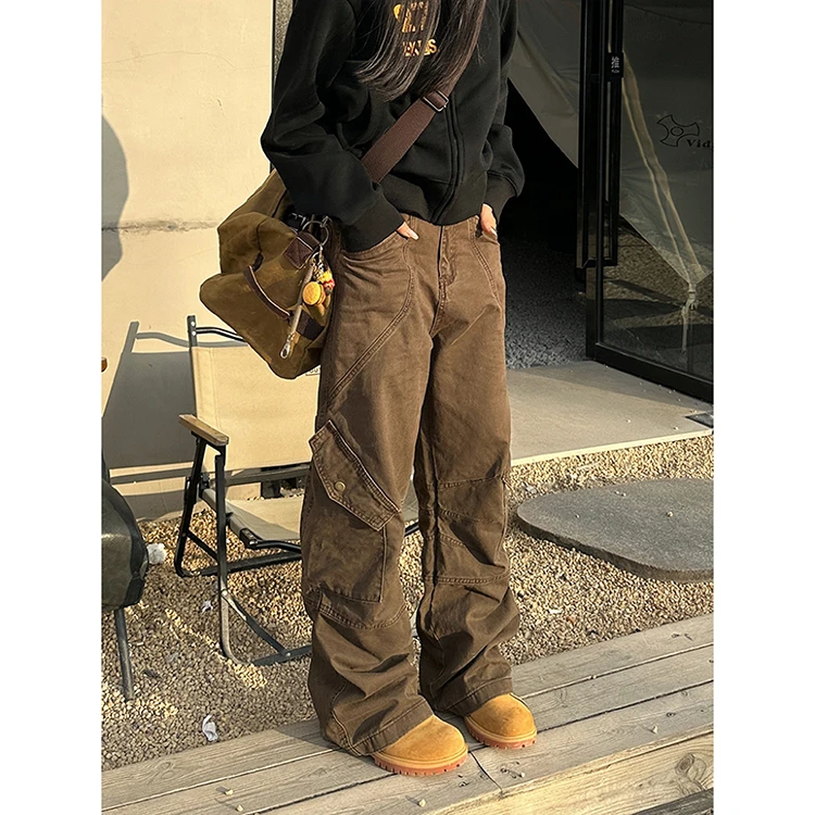 2025新款褶皱多口袋美式复古工装裤女宽松直筒裤子潮休闲阔腿裤男