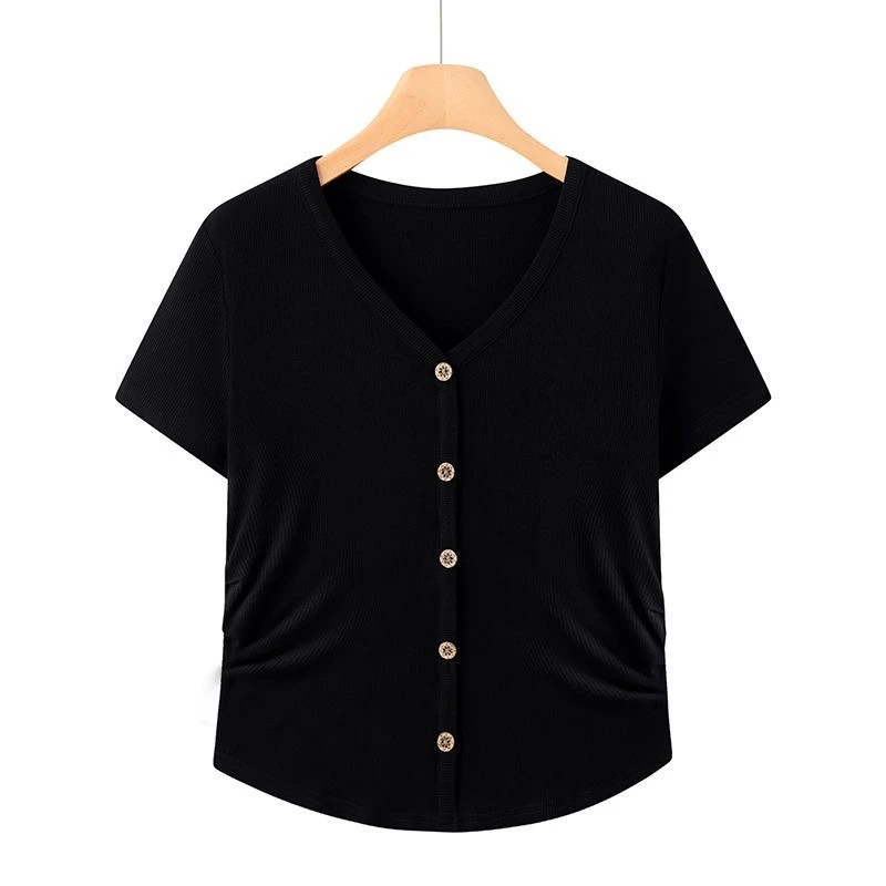 夏季新款v领纯色T恤宽松百搭短袖上衣
