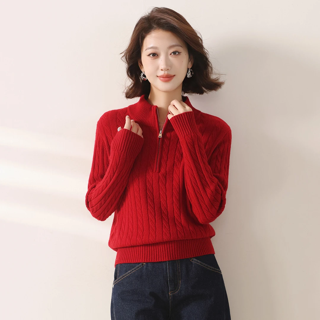 赛兔纯羊毛厚款休闲绞花半拉链款针织衫上衣羊毛衫女202245020