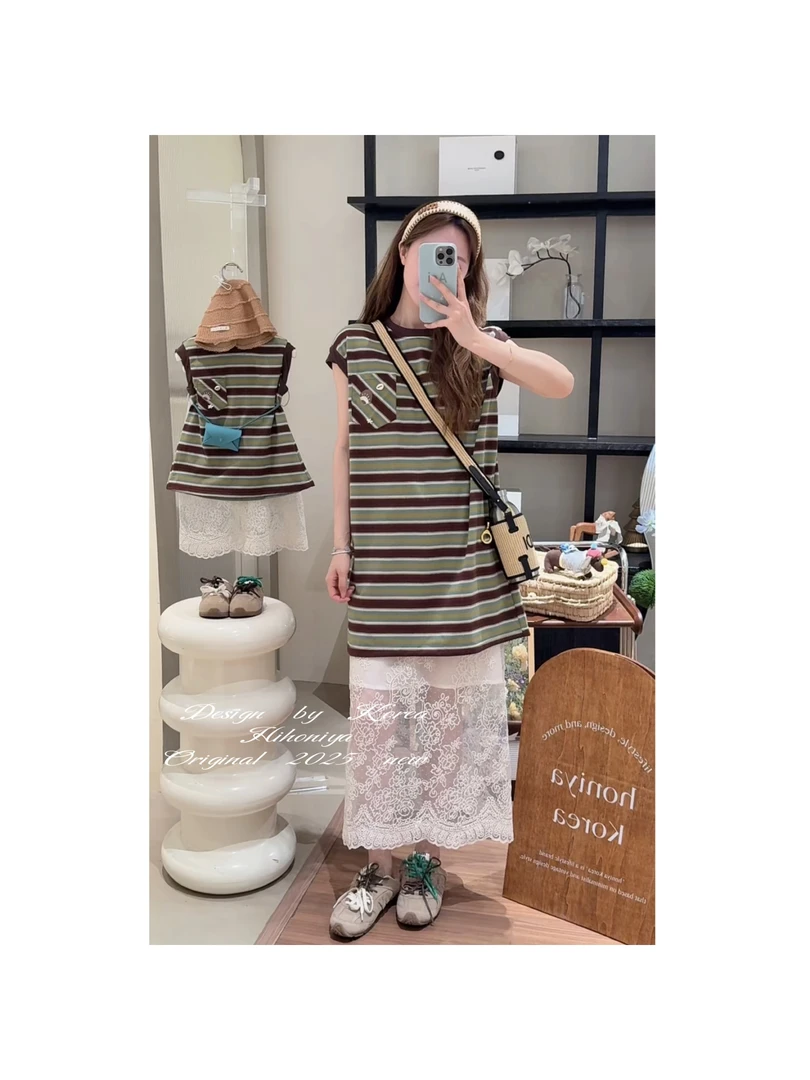 【肯豆出街】五Hihoniya~2025夏季亲子撞色条纹无袖舒适透气T裙