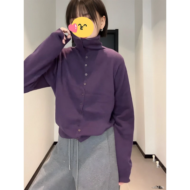 大码紫色高领针织衫女2025早秋新款胖mm毛衣开衫宽松显瘦长袖上衣