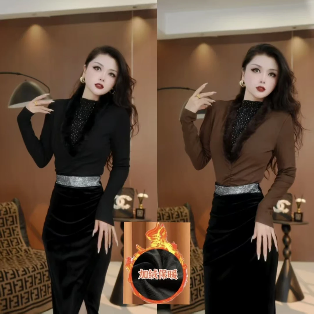 【燕子原创】季新款时尚气质长袖假两件加绒保暖显瘦上衣体恤110