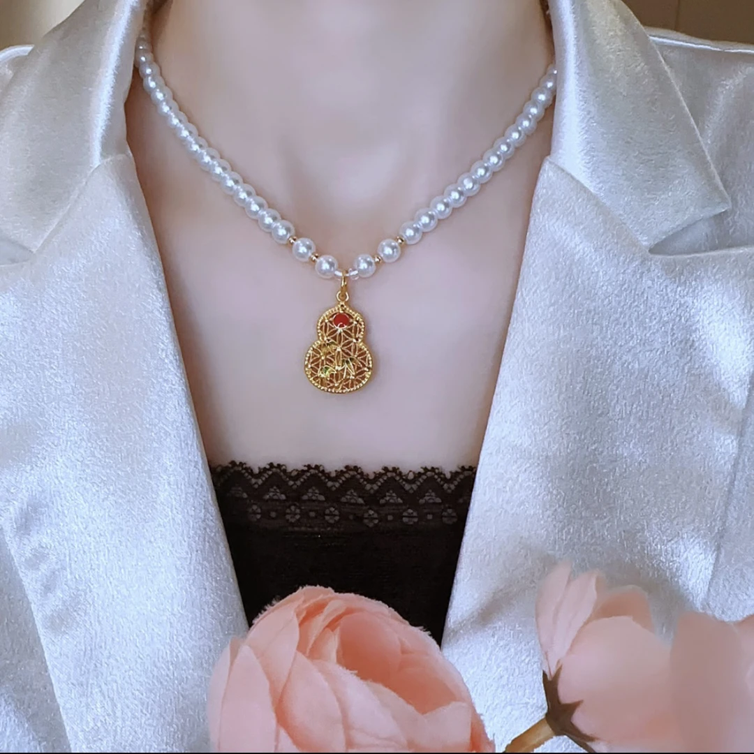 铜合金仿珍珠项链 新款复古镂空福禄葫芦挂坠项链送妈妈女友礼物