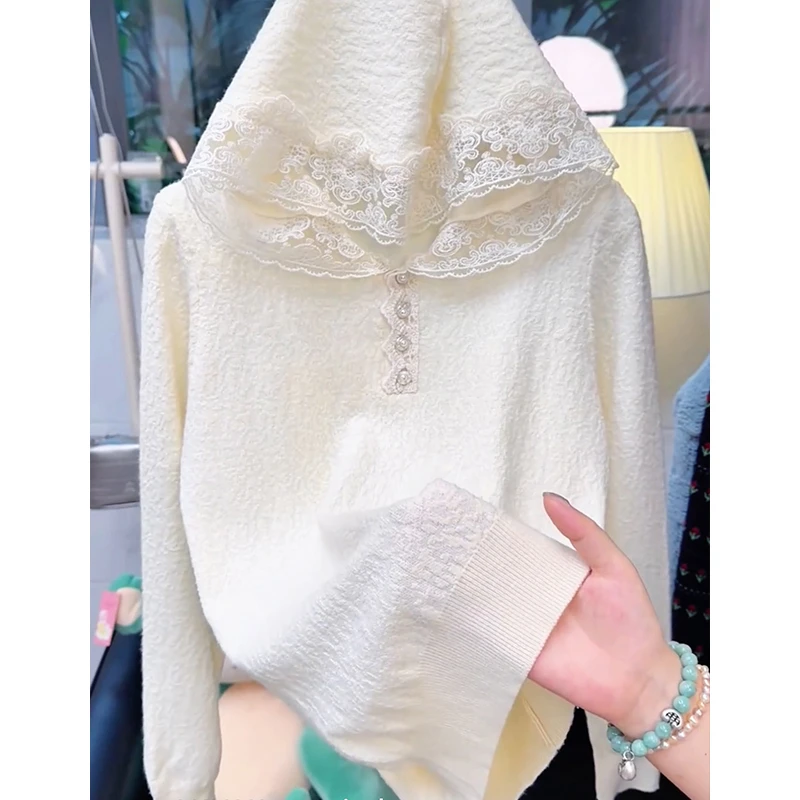 法式高级感蕾丝连帽长袖针织衫女2025秋爆款大码宽松显瘦气质上衣