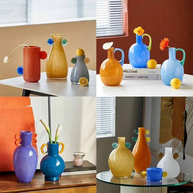 新品手工双耳渐变中古风彩色小口花瓶餐桌电视柜鲜花台面软装饰品