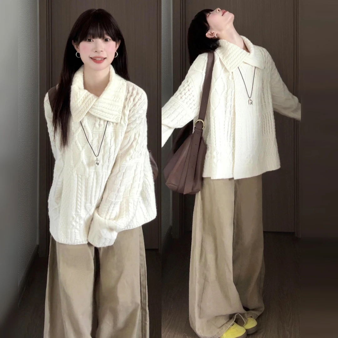 重磅复古麻花毛衣设计感不对称翻领针织开衫宽松慵懒感外套秋冬女