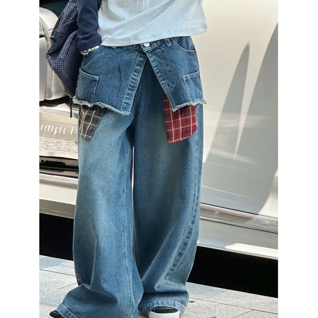 K29781孙小美复古假两件女童牛仔裤2025秋新款儿童裤子春秋直筒裤