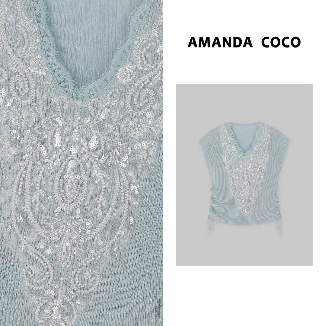 夏季串珠亮片蕾丝拼接v领显瘦短袖针织衫29715