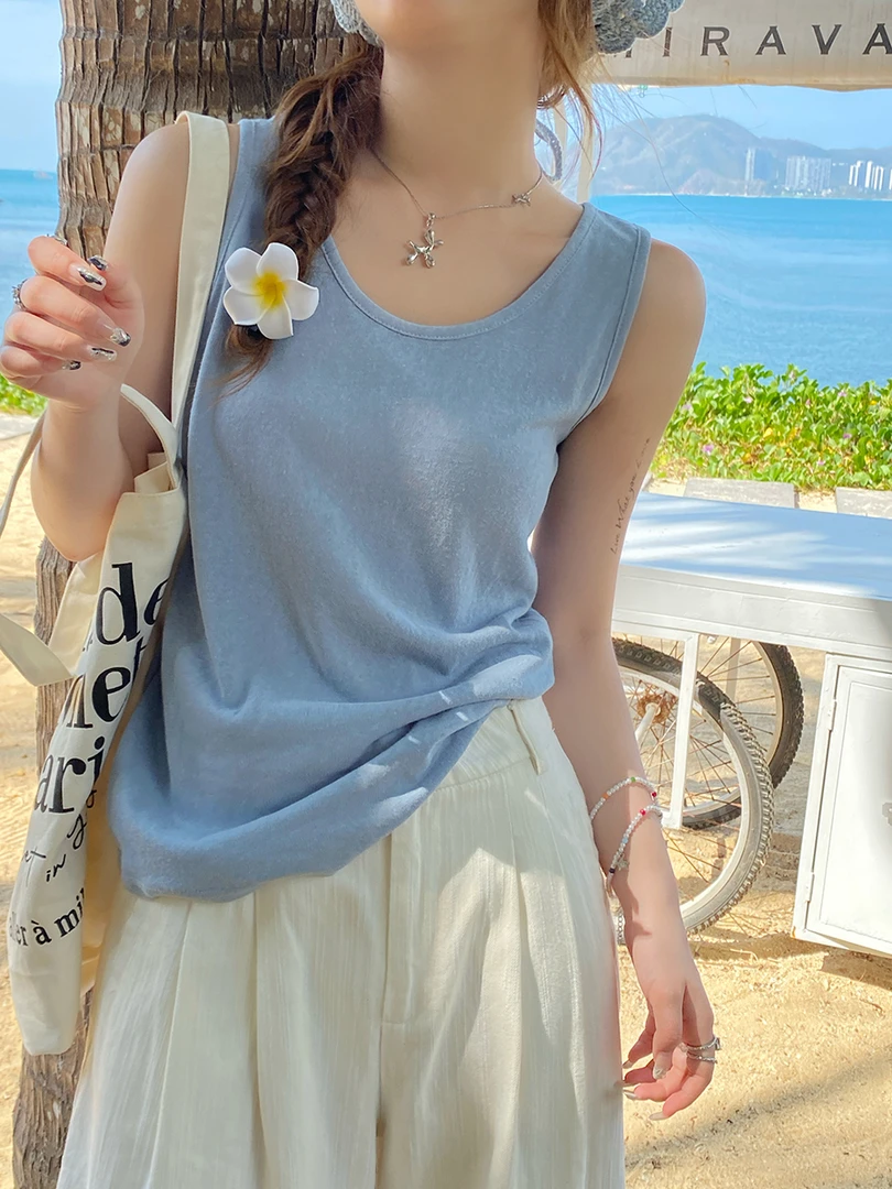 清新天蓝色小吊带背心内搭夏季外穿宽松显瘦棉麻遮副乳无袖上衣潮