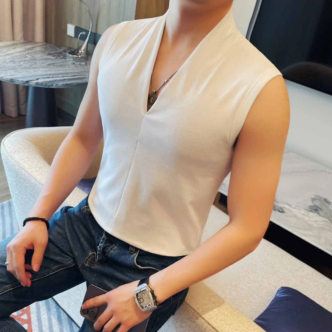 大V领无袖t恤男款潮流痞帅修身背心男士夏季新款休闲运动健身坎肩