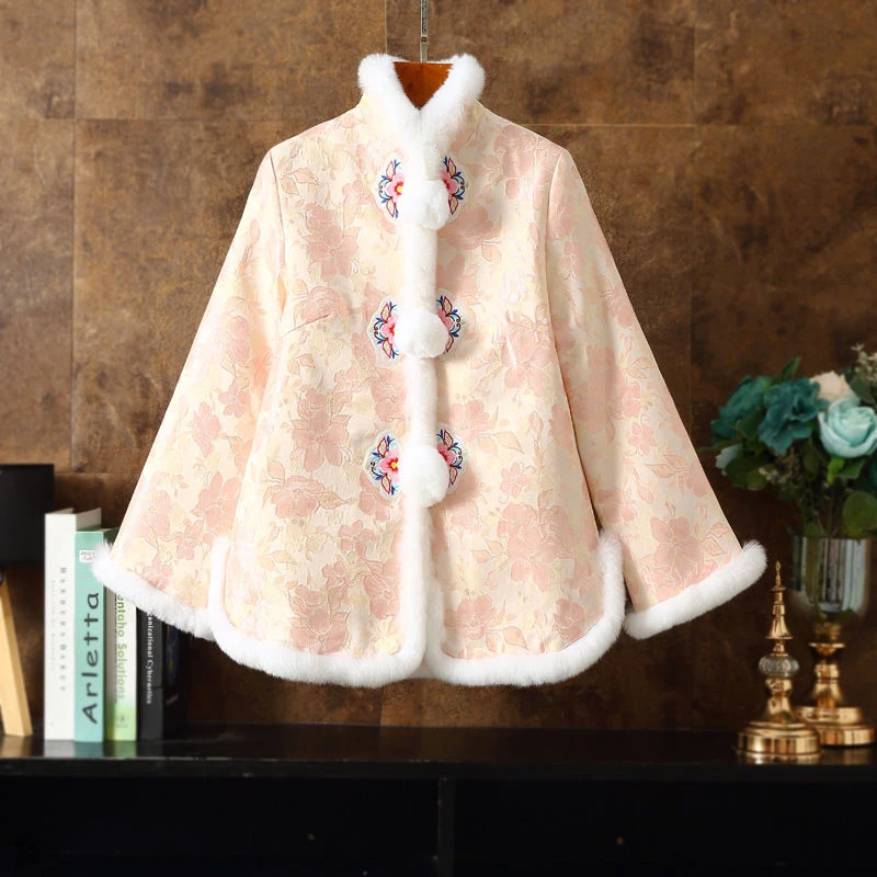 冬季中国风宽松A版拜年棉衣唐装直襟兔毛边复古立领夹棉服女
