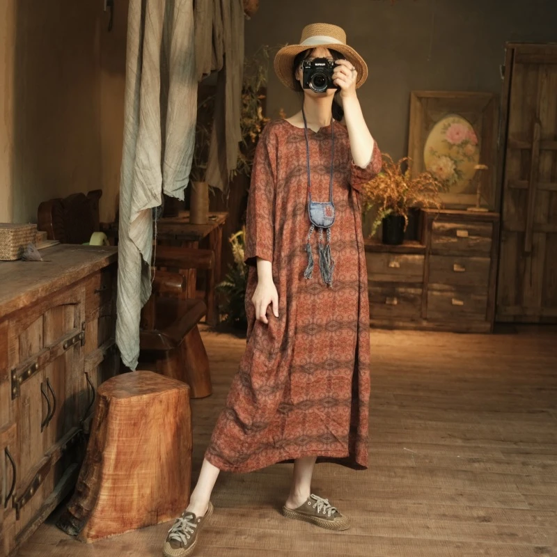 小泥姑娘原创女装文艺复古做旧棉纱宽松印花连衣裙2044虹雨