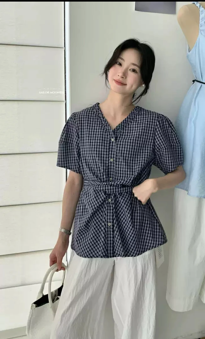 想象家夏季韩系V领单排扣绑带短袖小衫气质收腰显瘦百搭小众上衣