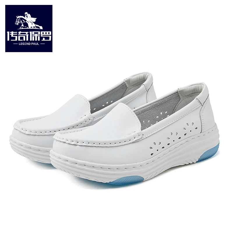 传奇保罗新款牛皮EVA气垫底镂空白色护士鞋舒适软底潮流小白鞋
