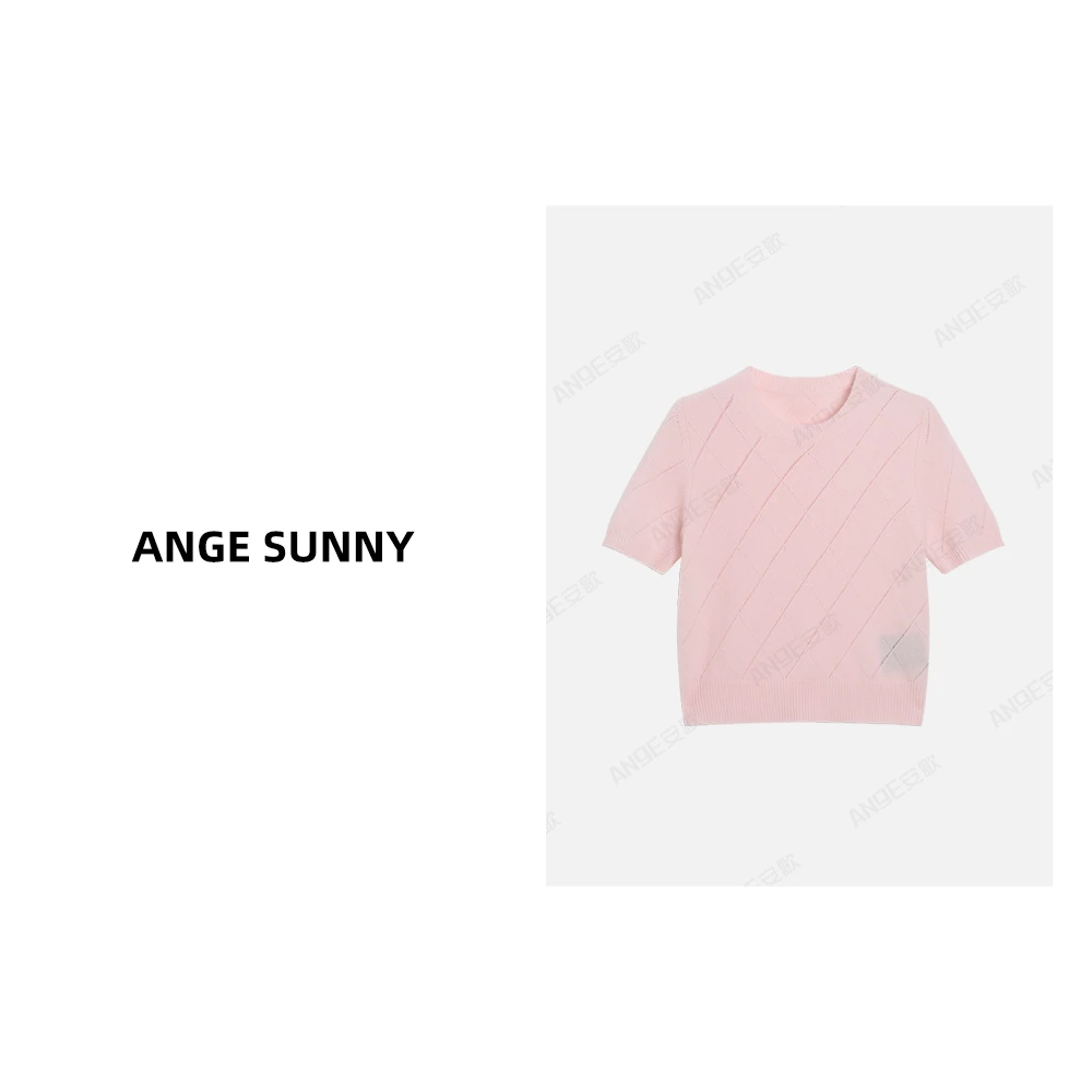 ANGE SUNNY【三角标镂空羊绒衫】拉达女孩纯色圆领短袖上衣