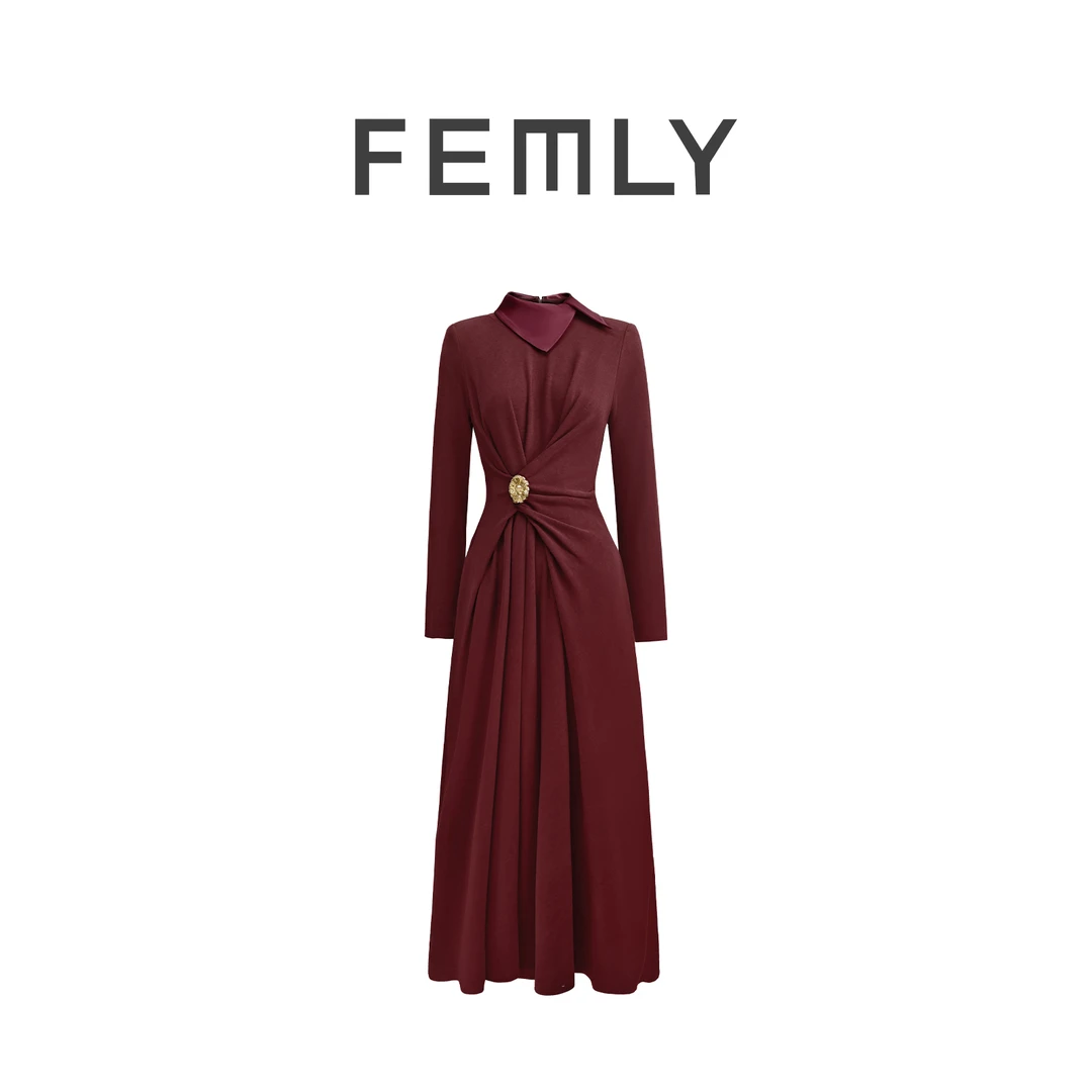 FEMLY/法曼丽 优雅气质拼接不规则翻领天丝羊毛大摆裙3666