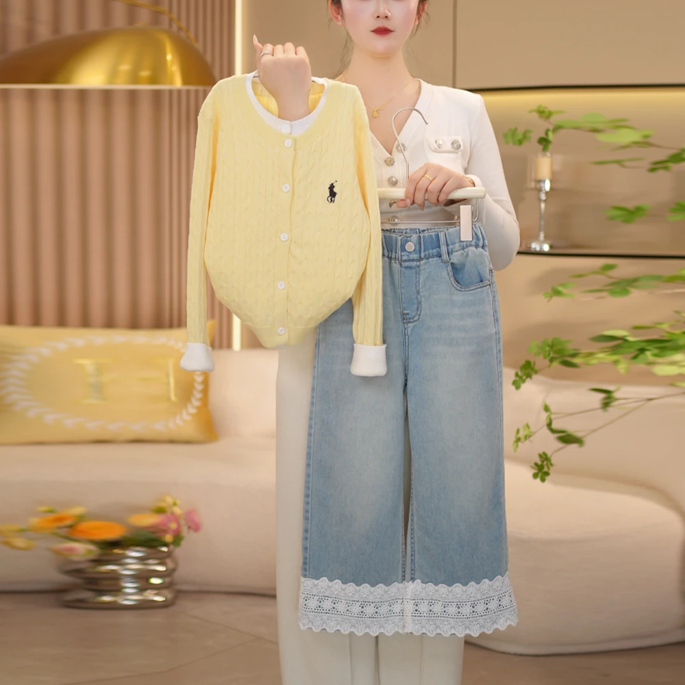 【闺蜜家】女童2025春季新款时尚假两件毛衣+蕾丝牛仔裤套装-8064