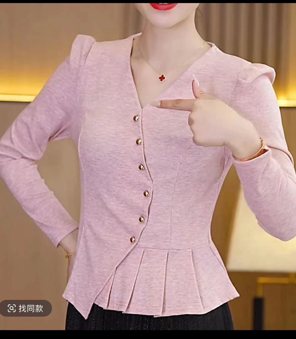 性感风修身型INS风秋衣长袖时尚v领收腰衬衫设计感