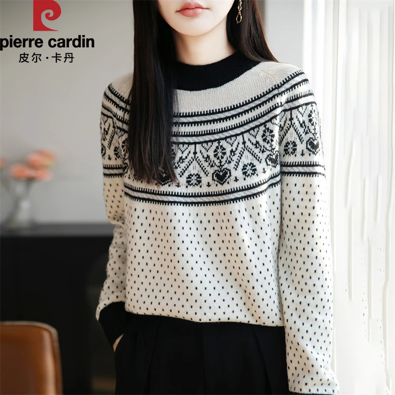 皮尔卡丹新款撞色提花波点针织衫时尚百搭复古简约通勤打底上衣女