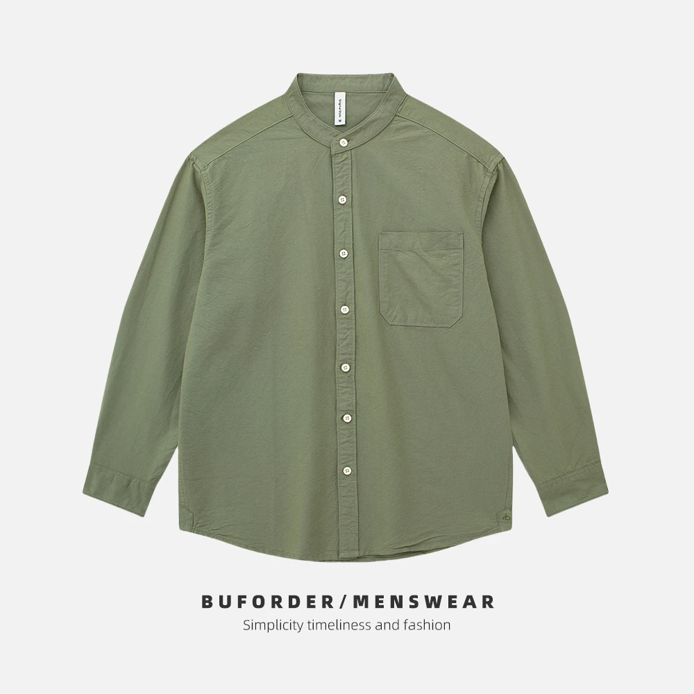 春装新款男士长袖衬衣休闲纯棉水洗衬衫日系复古圆领简约纯色翻领