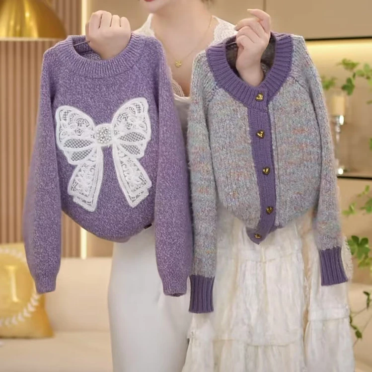 尚品琳26467女童秋装穿搭春秋针织开衫洋气小香风紫色蝴蝶结毛衣