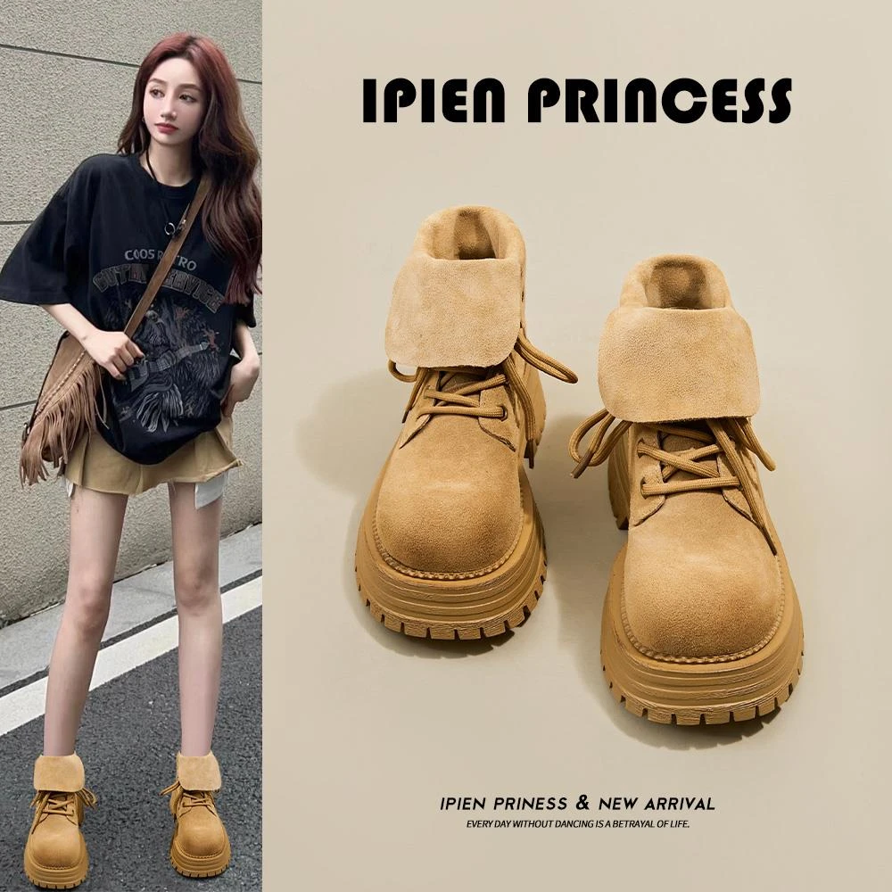 磨砂英伦风马丁靴女2026秋季新款复古两穿大黄机车靴爆款厚底短靴