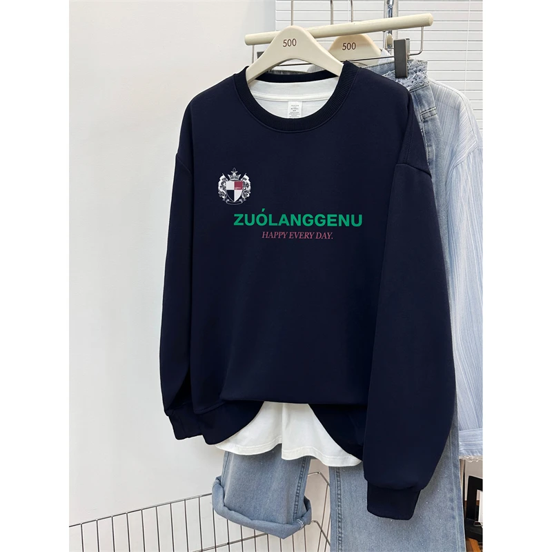 潮牌字母印花大码圆领卫衣女秋冬季新款休闲百搭套头中长款上衣潮