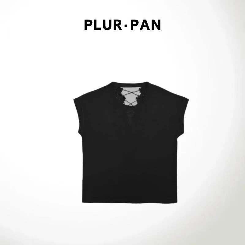 PLUR·PAN后背镂空蕾丝圆领气质飞飞袖针织衫