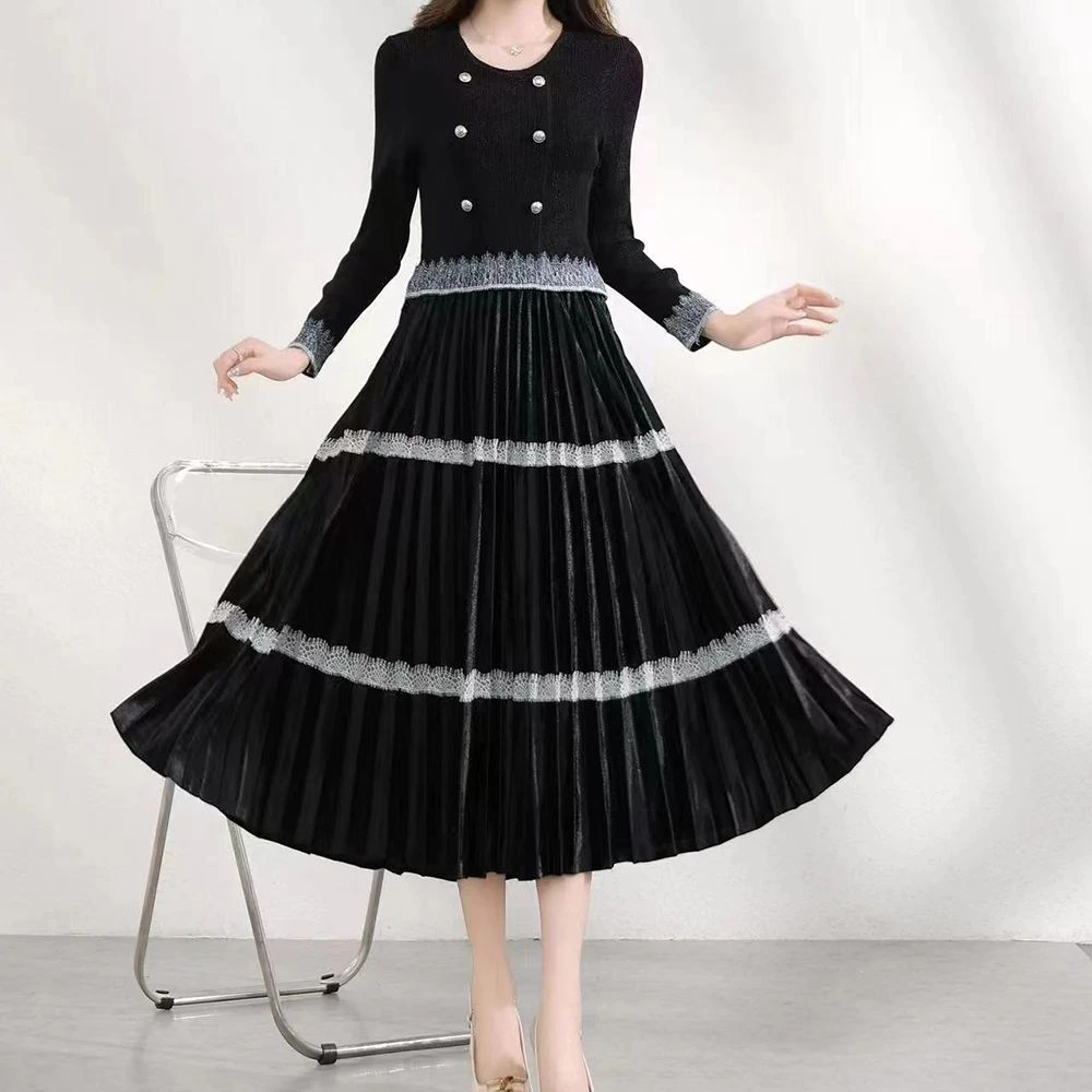 X24628【上新】气质优雅小香风显瘦百褶大裙摆连衣裙3D