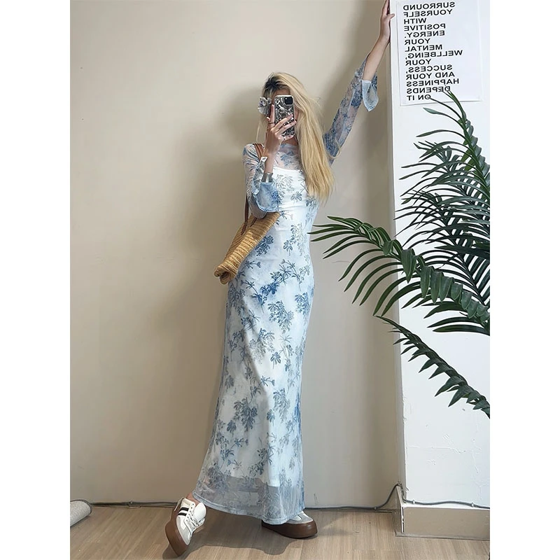 法式复古网纱印花透视长袖包臀连衣裙港风女人味内搭吊带裙两件套