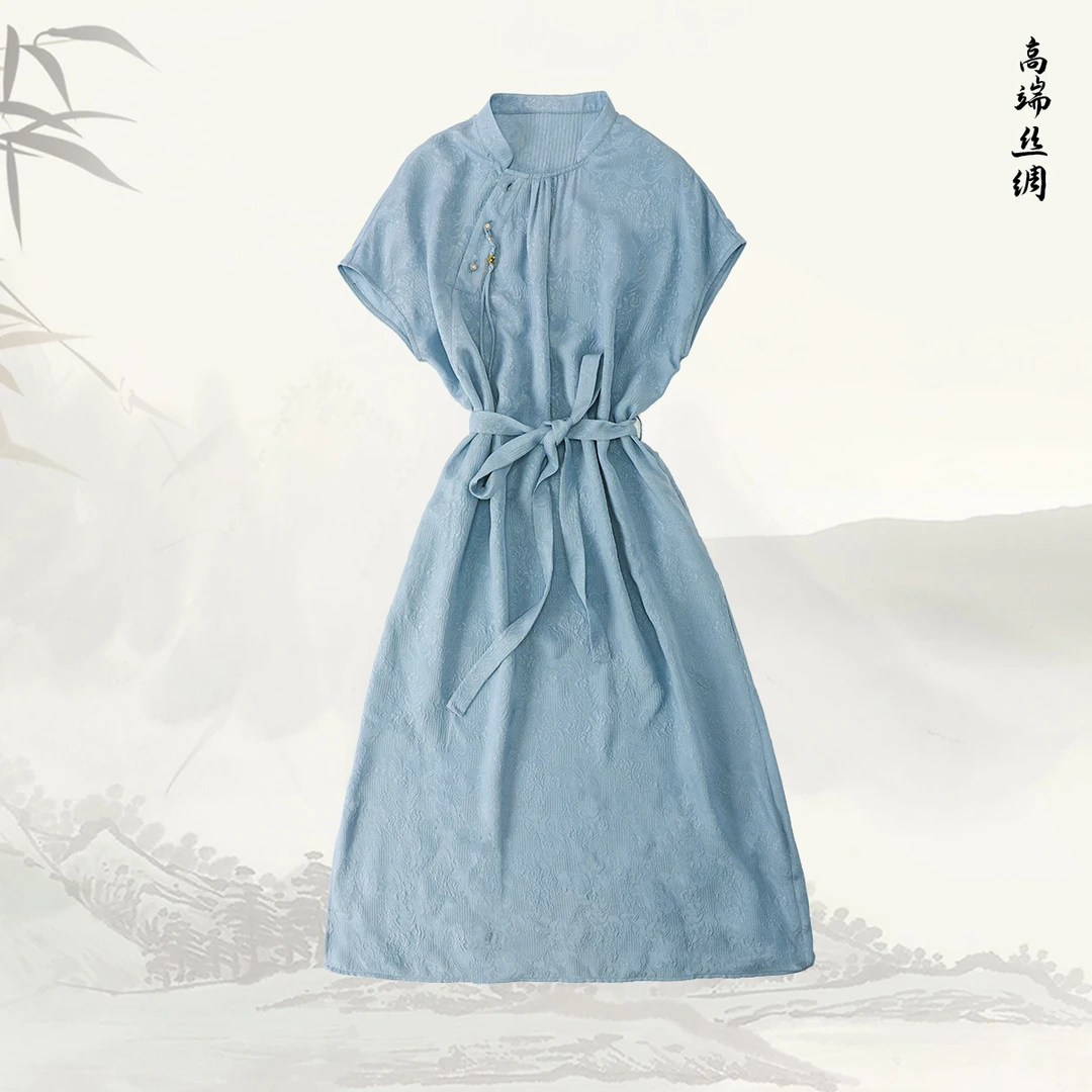 【锦绣】品牌新款桑蚕丝国风新中式盘扣收腰系带连衣裙519940