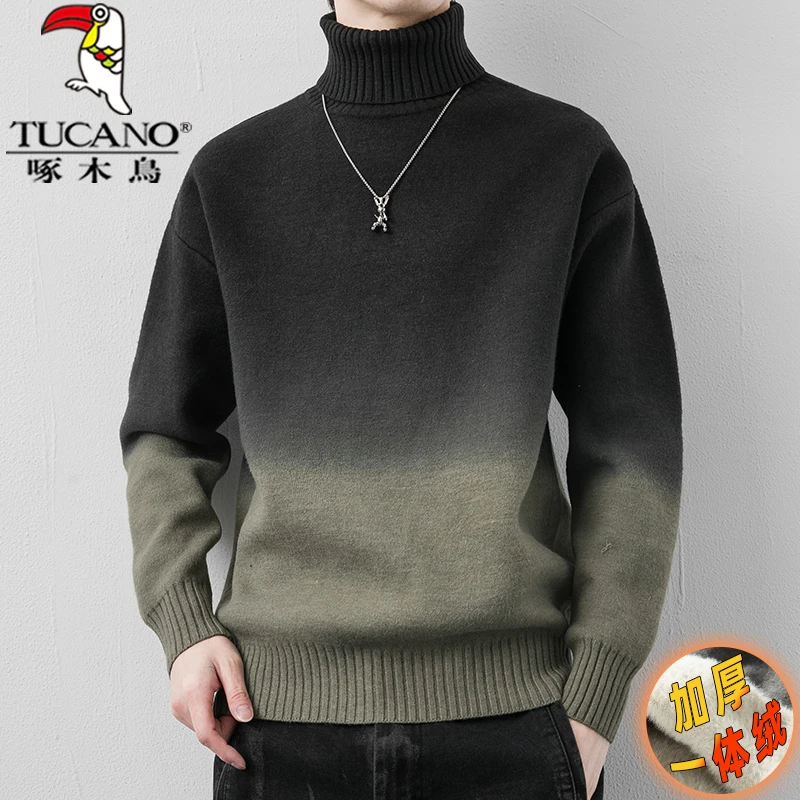 啄木鸟高领毛衣男士秋冬季新款渐变宽松慵懒风加厚加绒男生针织衫