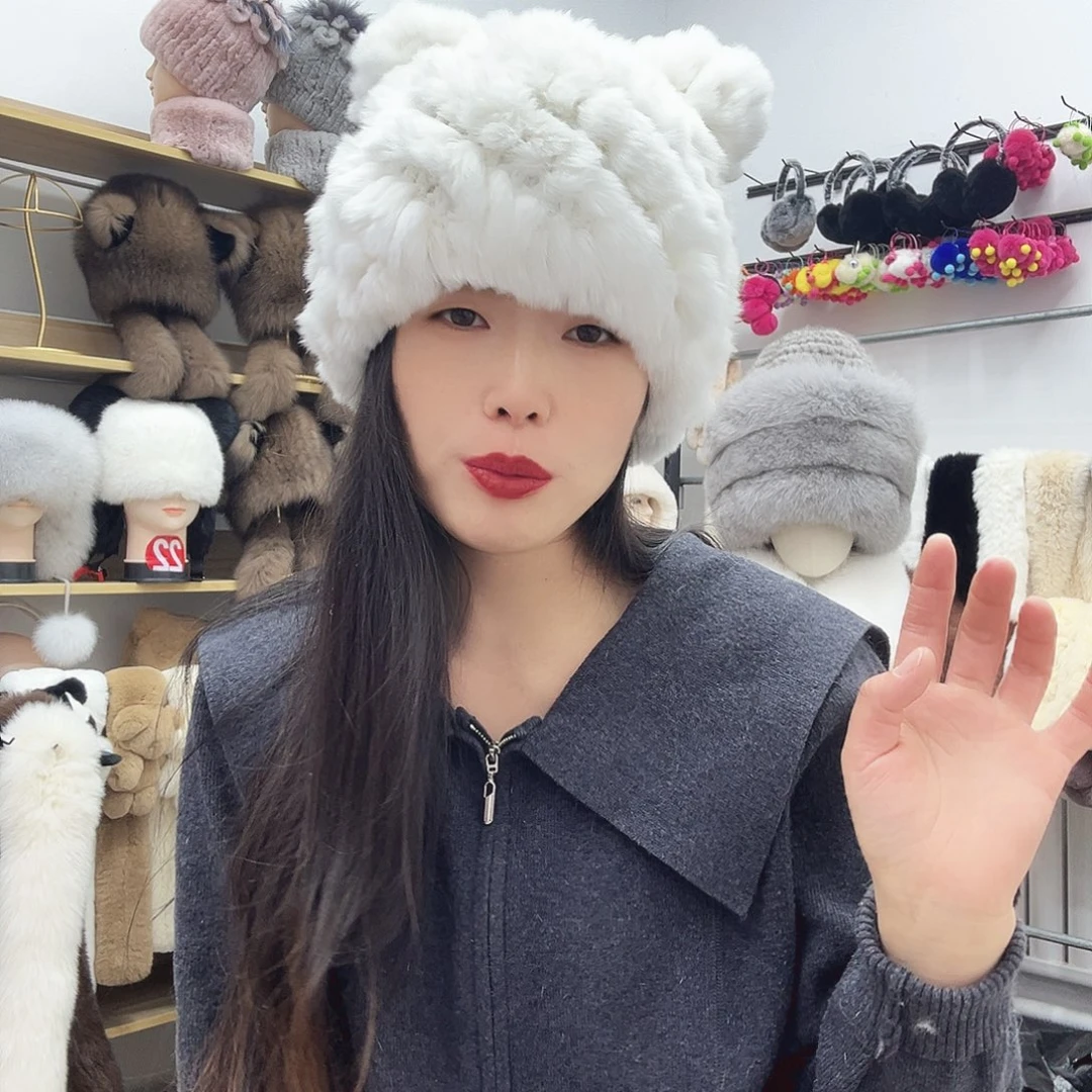兔毛獭兔毛猫耳朵帽白色慎拍微瑕