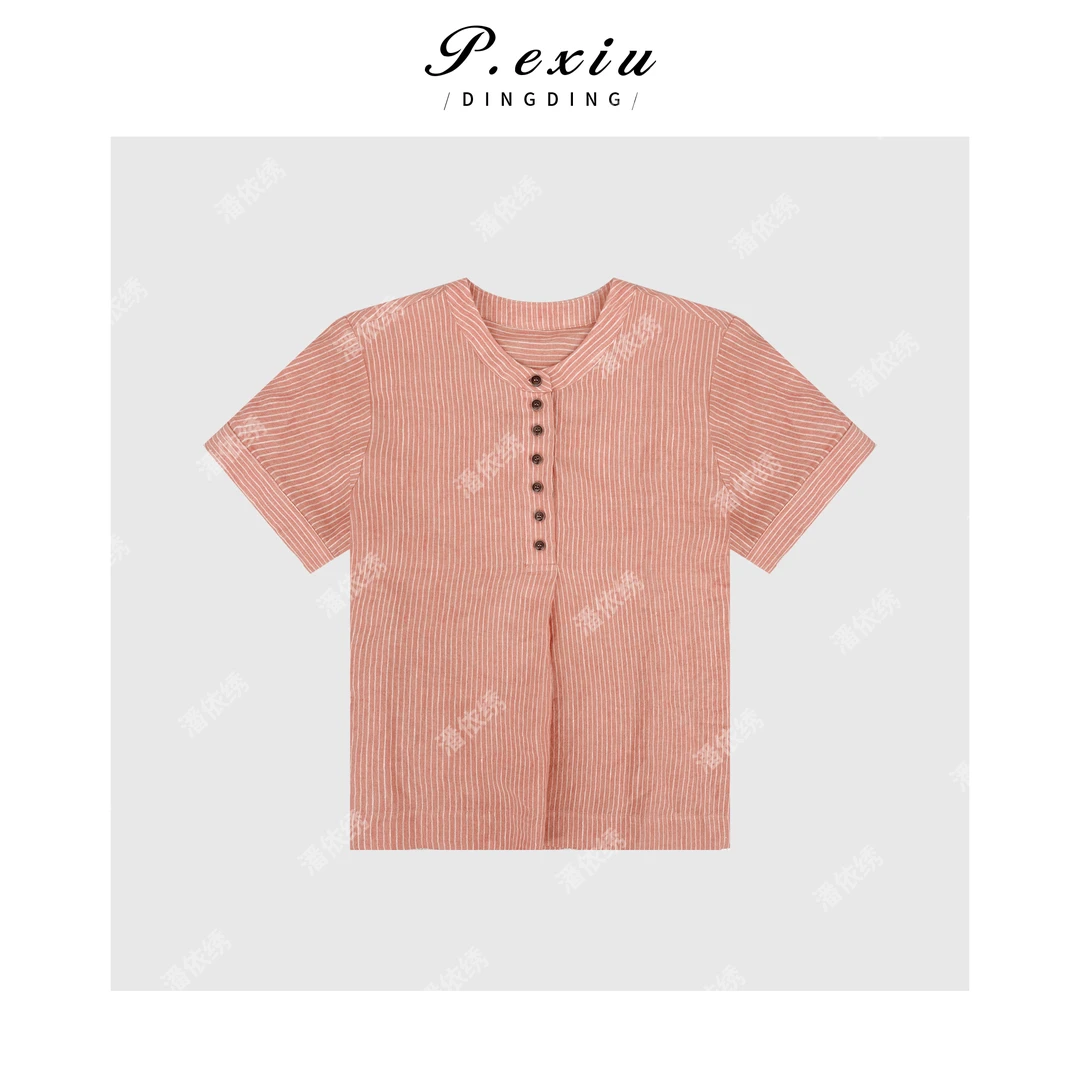 100%亚麻半开领压褶肌理感条纹短袖衬衫WH00371