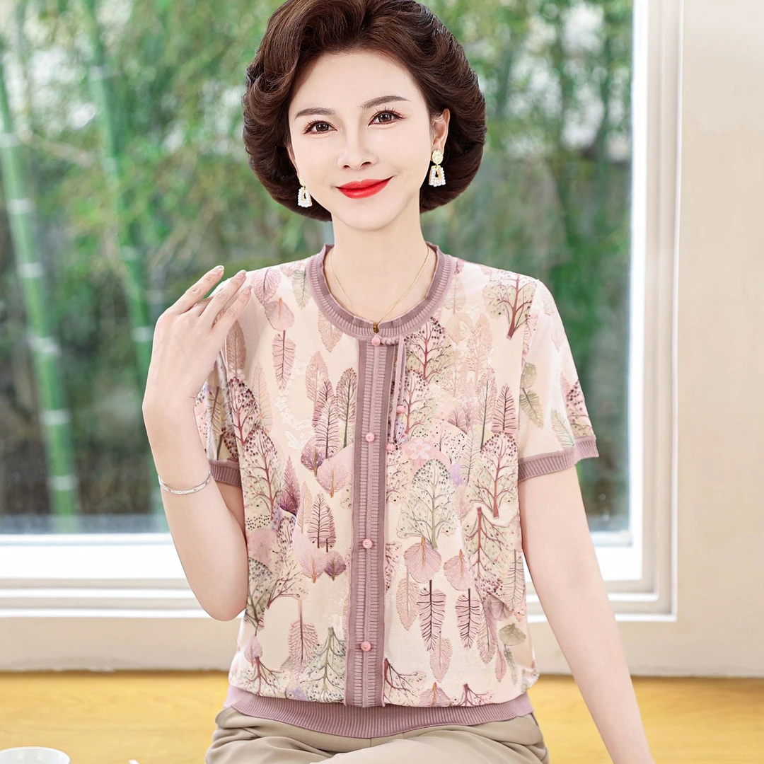婆婆妈妈装夏装短袖T恤洋气小衫中老年人女母亲衣服薄款上衣碎花