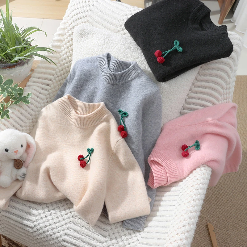 【加厚手工钩花小樱桃】儿童羊毛衫秋冬圆领宽松休闲毛衣针织打底衫