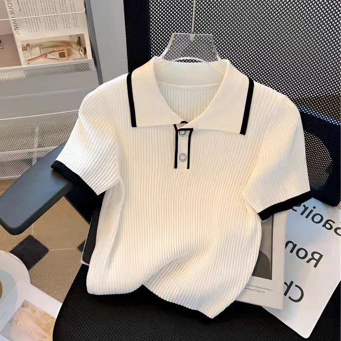 2025夏季百搭翻领小香风polo领冰丝短袖针织衫t恤上衣女 显瘦短款