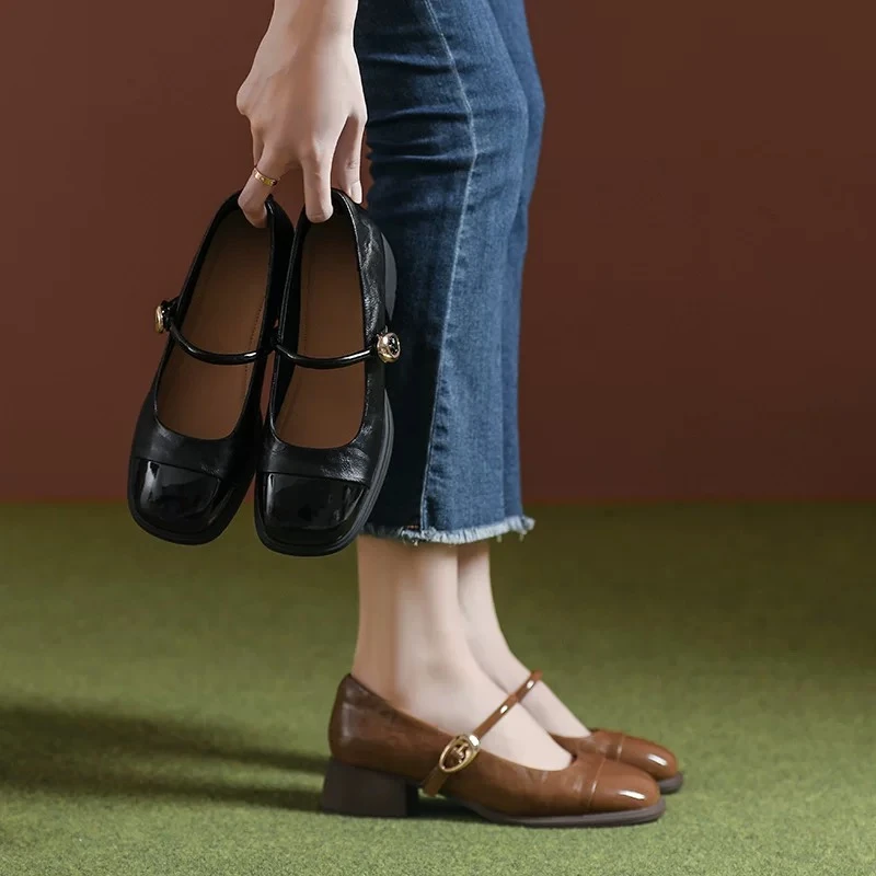 87180一字带玛丽珍鞋女拼接方头粗跟2025春季新款百搭单鞋小皮鞋
